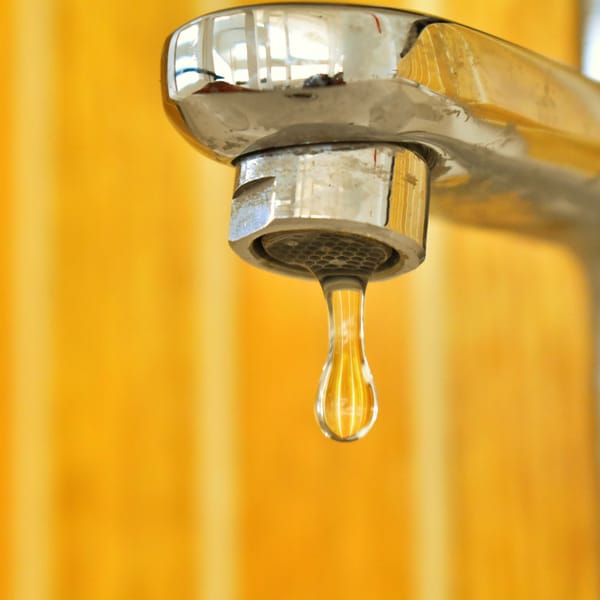 Water droplet forming on a chrome faucet aerator with light mineral scale